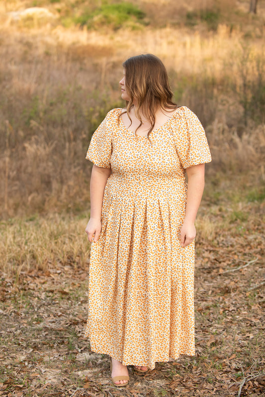 PLUS: Yellow Floral V-Neck Dress