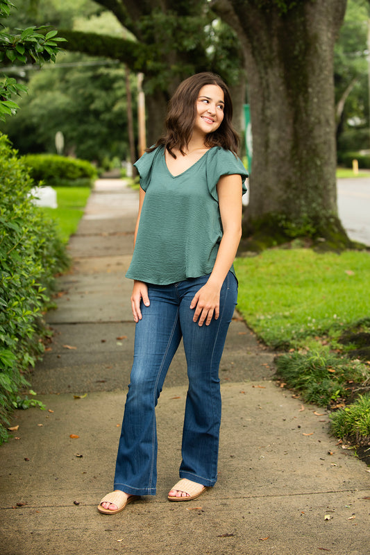 Hunter Green Balloon Sleeve Blouse