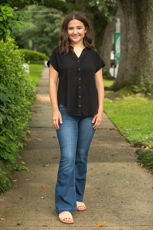 Black Button Front Top with Rolled Sleeves