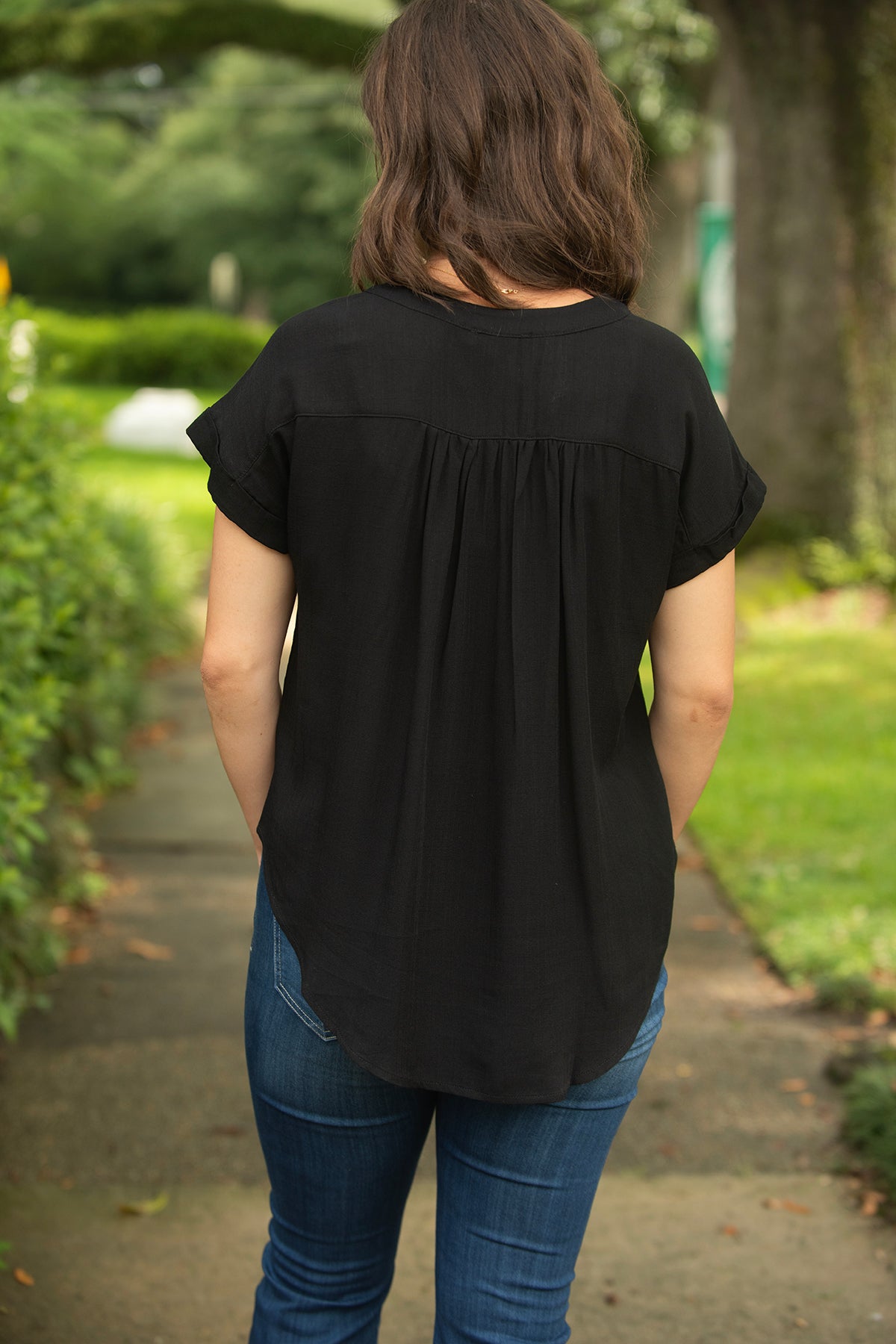 Black Button Front Top with Rolled Sleeves