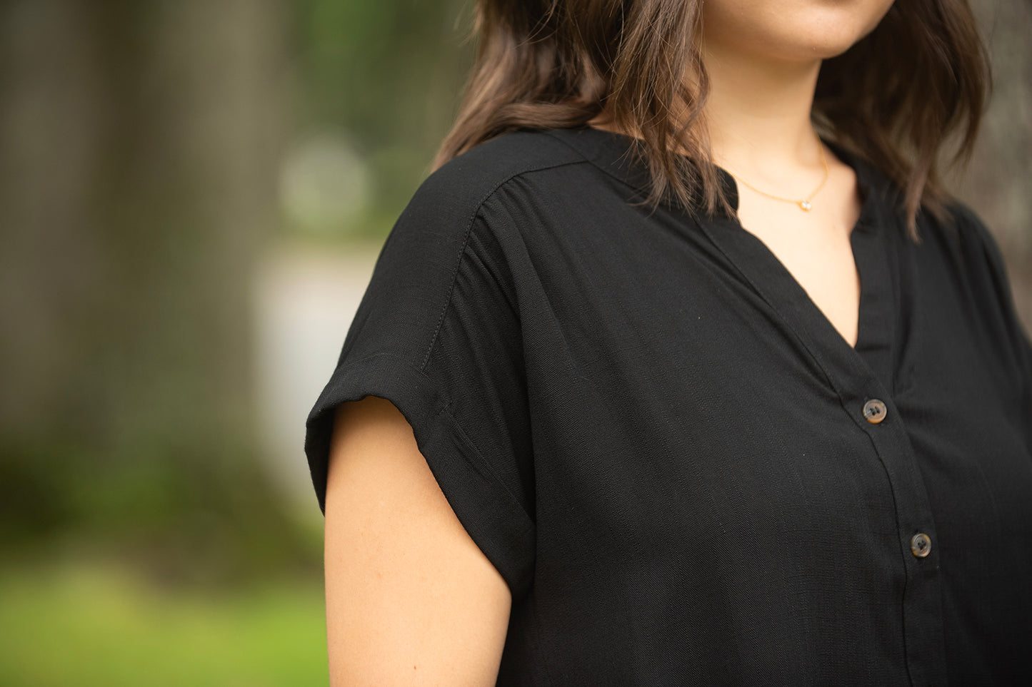 Black Button Front Top with Rolled Sleeves