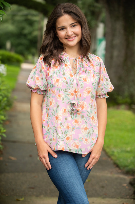 Light Pink Floral Tie Neck Blouse