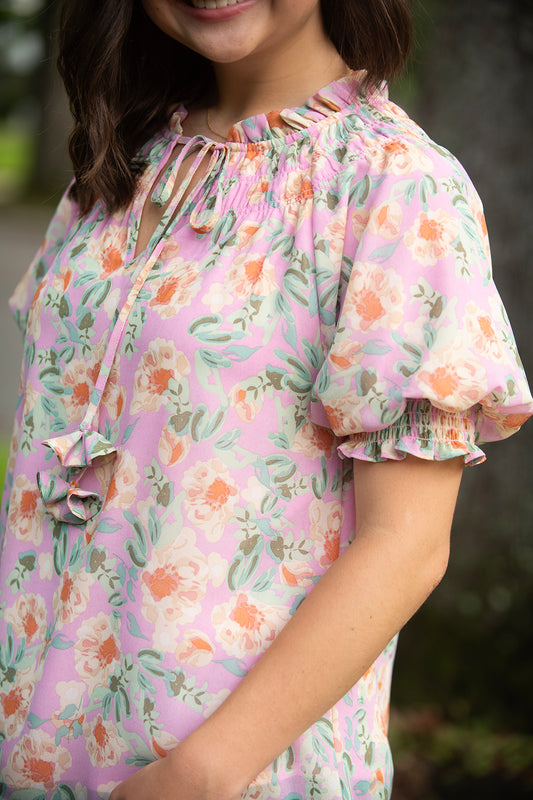 Light Pink Floral Tie Neck Blouse