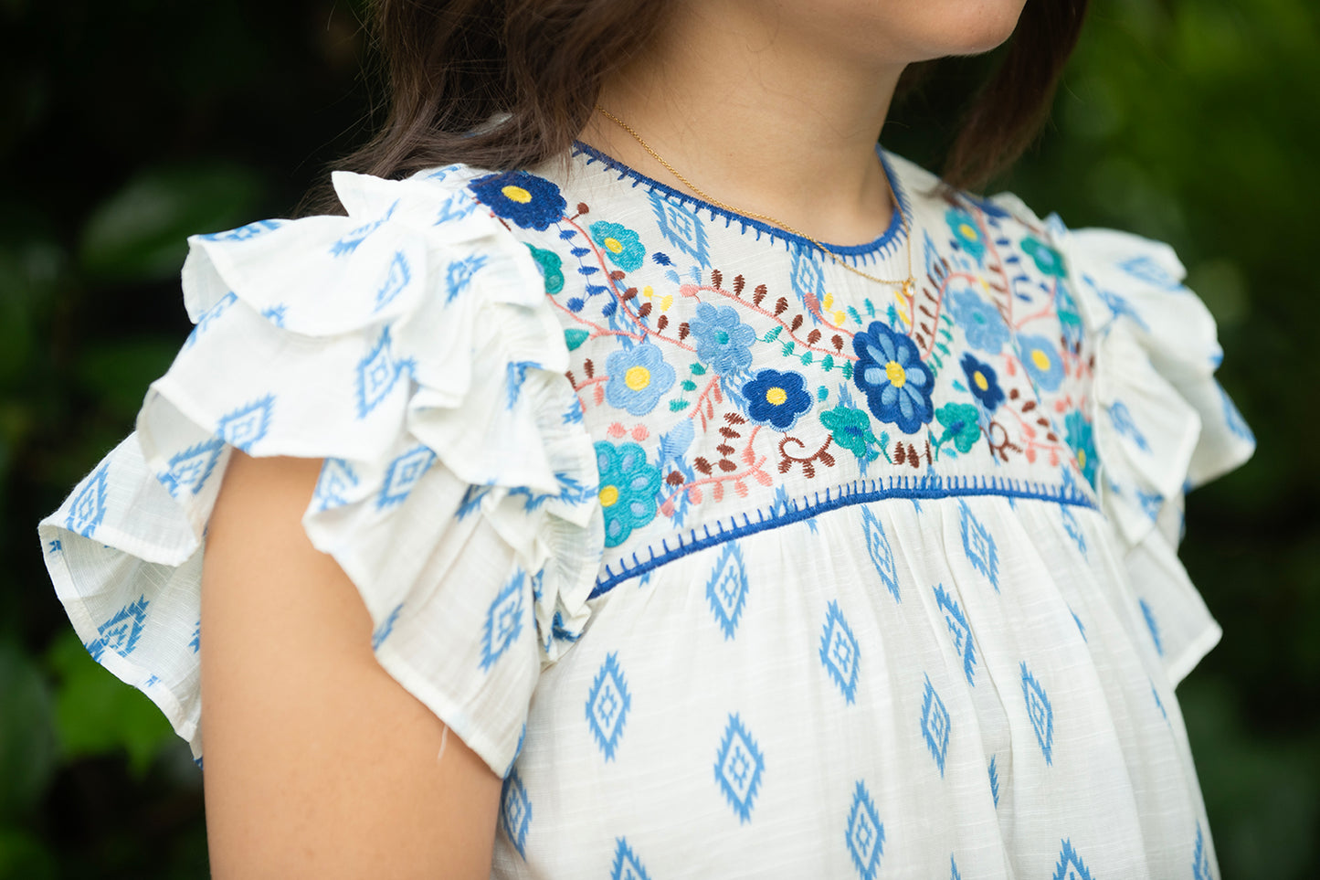 White Floral Embroidered Top with Blue Geo Design