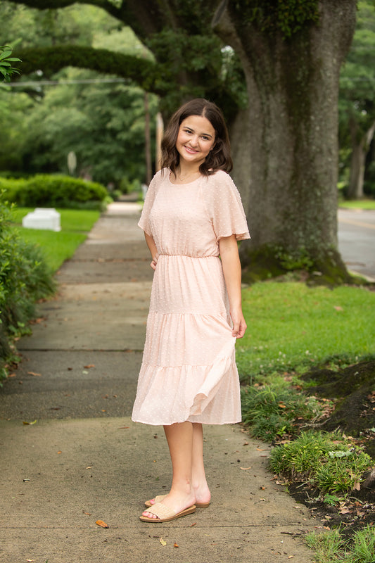 Peach Swiss Dot Midi Dress