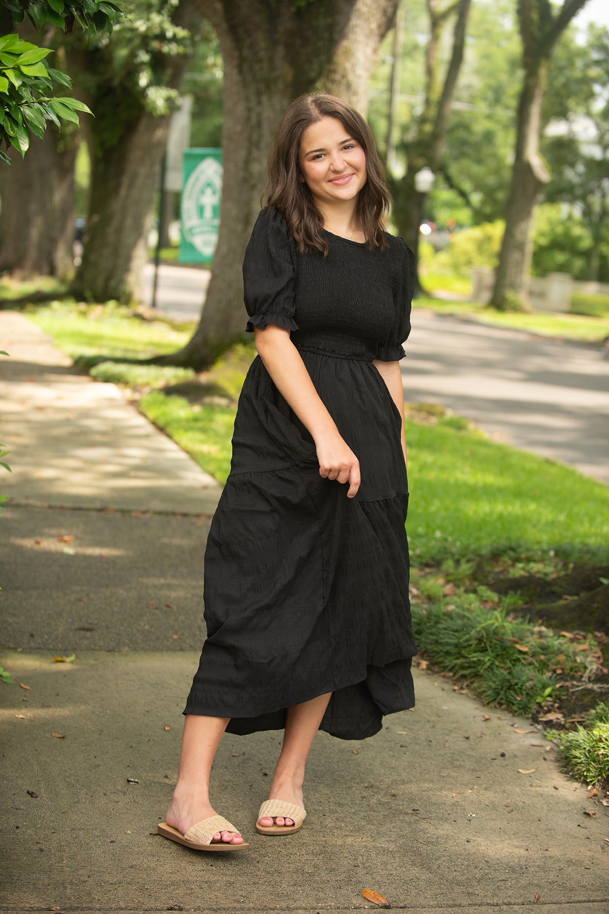 Black Smocked Bodice Midi Dress