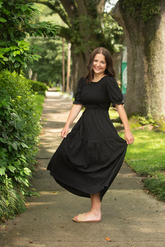 Black Smocked Bodice Midi Dress