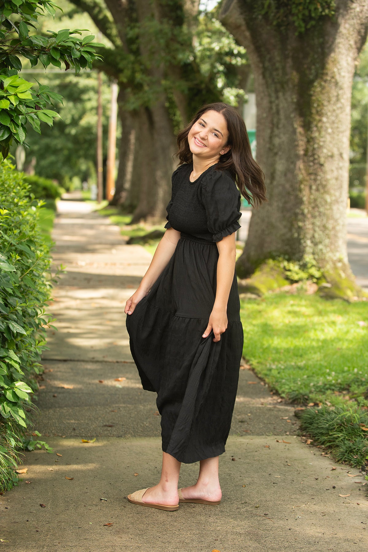 Black Smocked Bodice Midi Dress