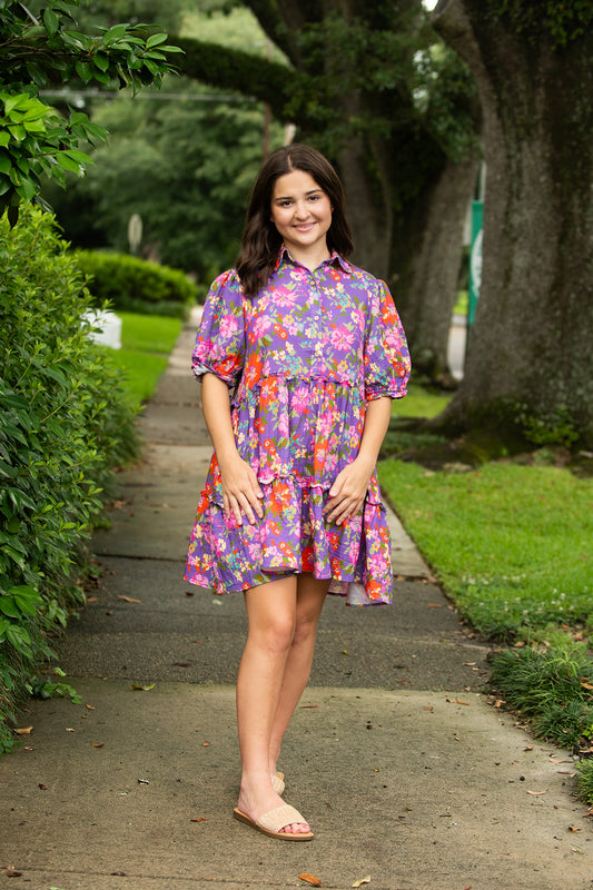 Bright Purple Floral Button Front Dress