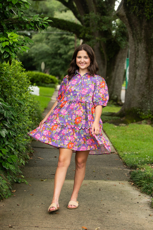 Bright Purple Floral Button Front Dress