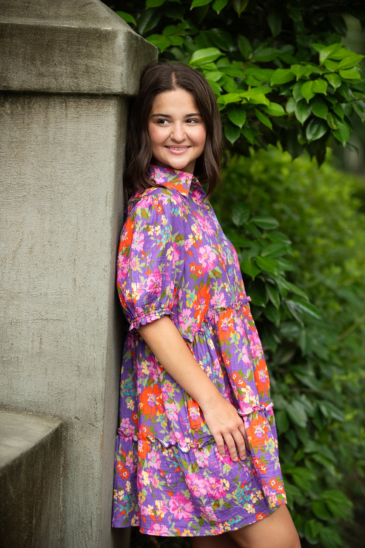 Bright Purple Floral Button Front Dress