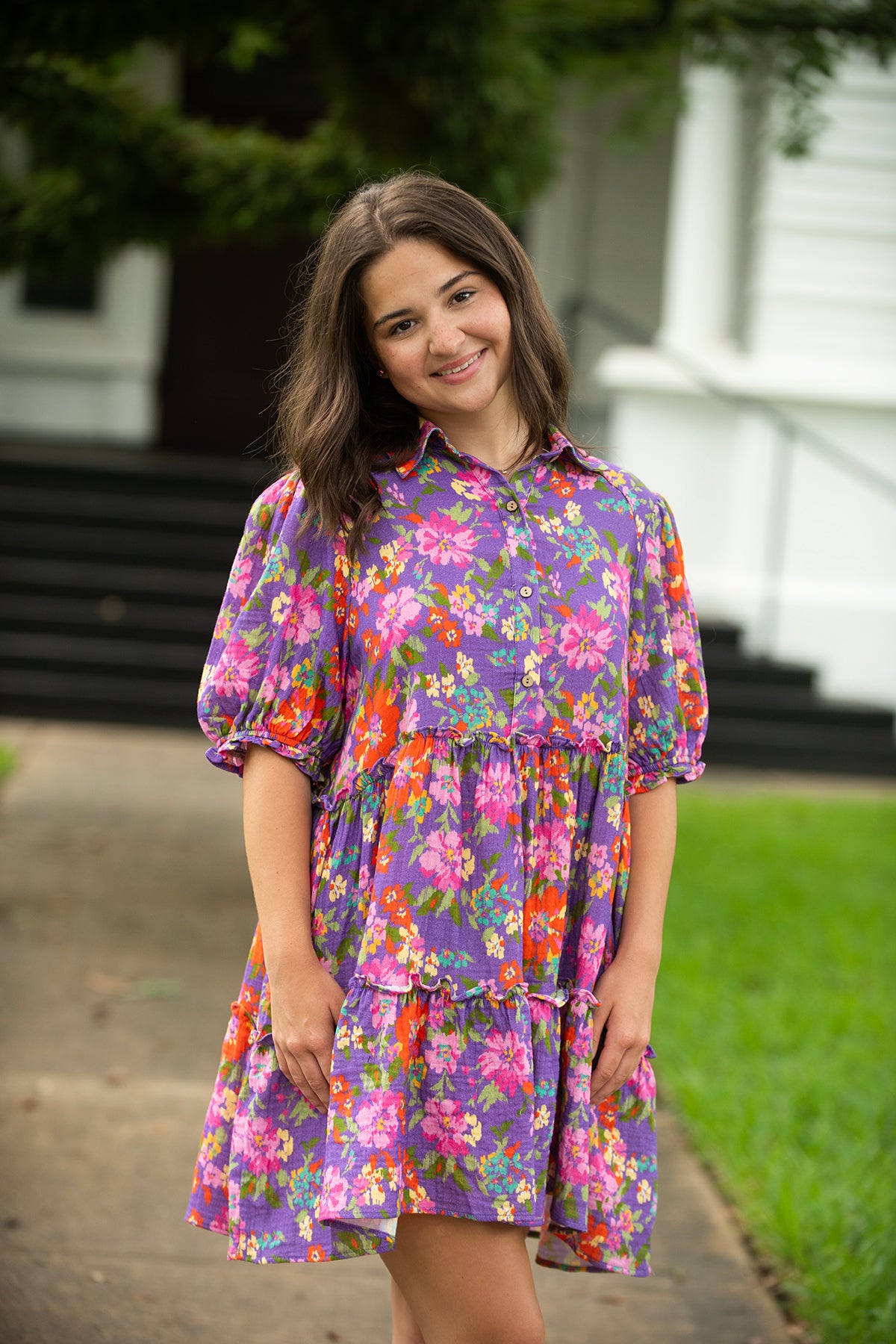 Bright Purple Floral Button Front Dress