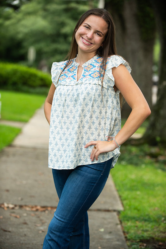 Cream Embroidered Top with Olive Green Floral