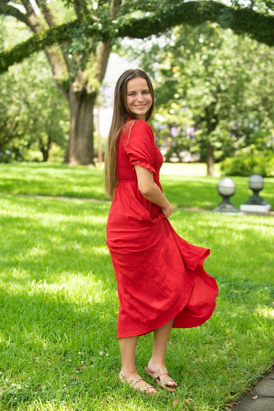 Red Smocked Bodice Midi Dress