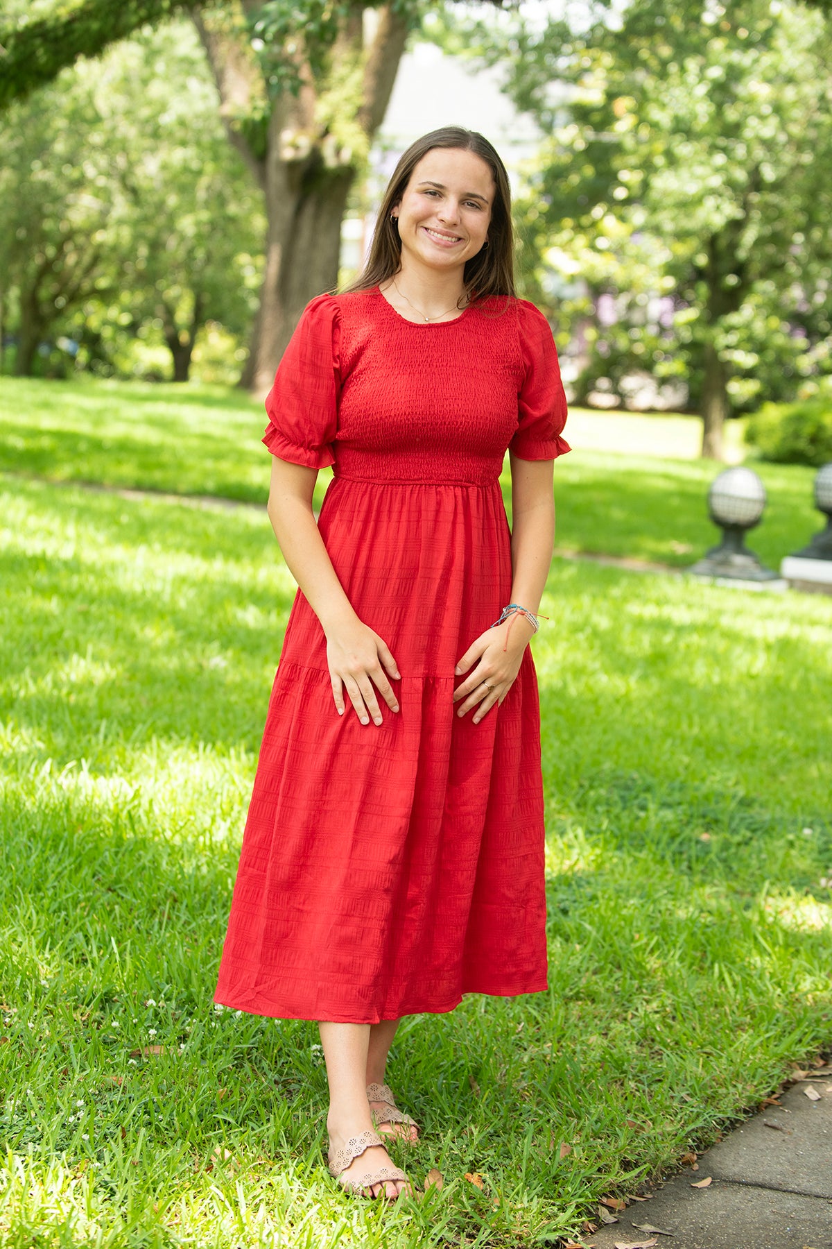 Red Smocked Bodice Midi Dress