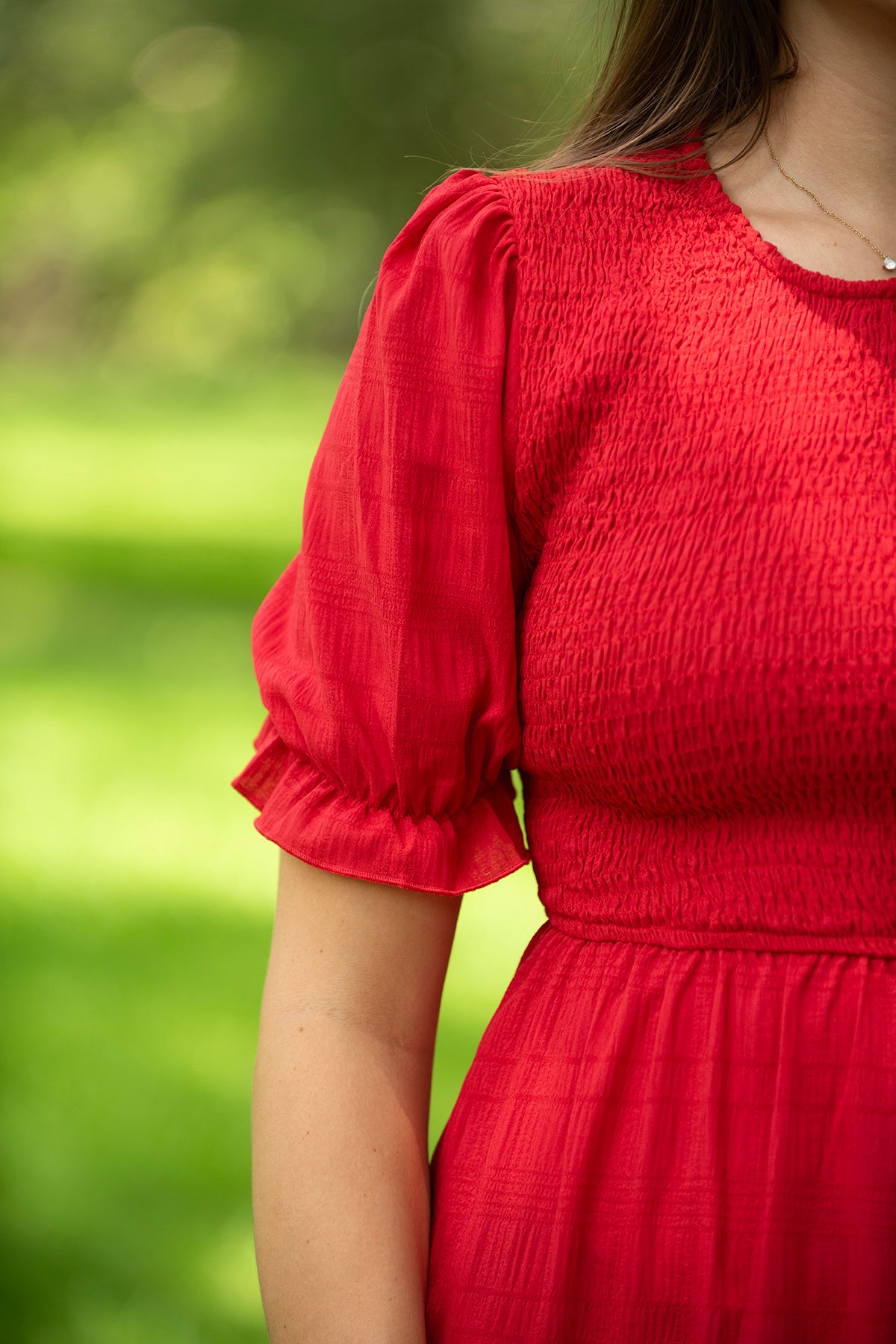 Red Smocked Bodice Midi Dress