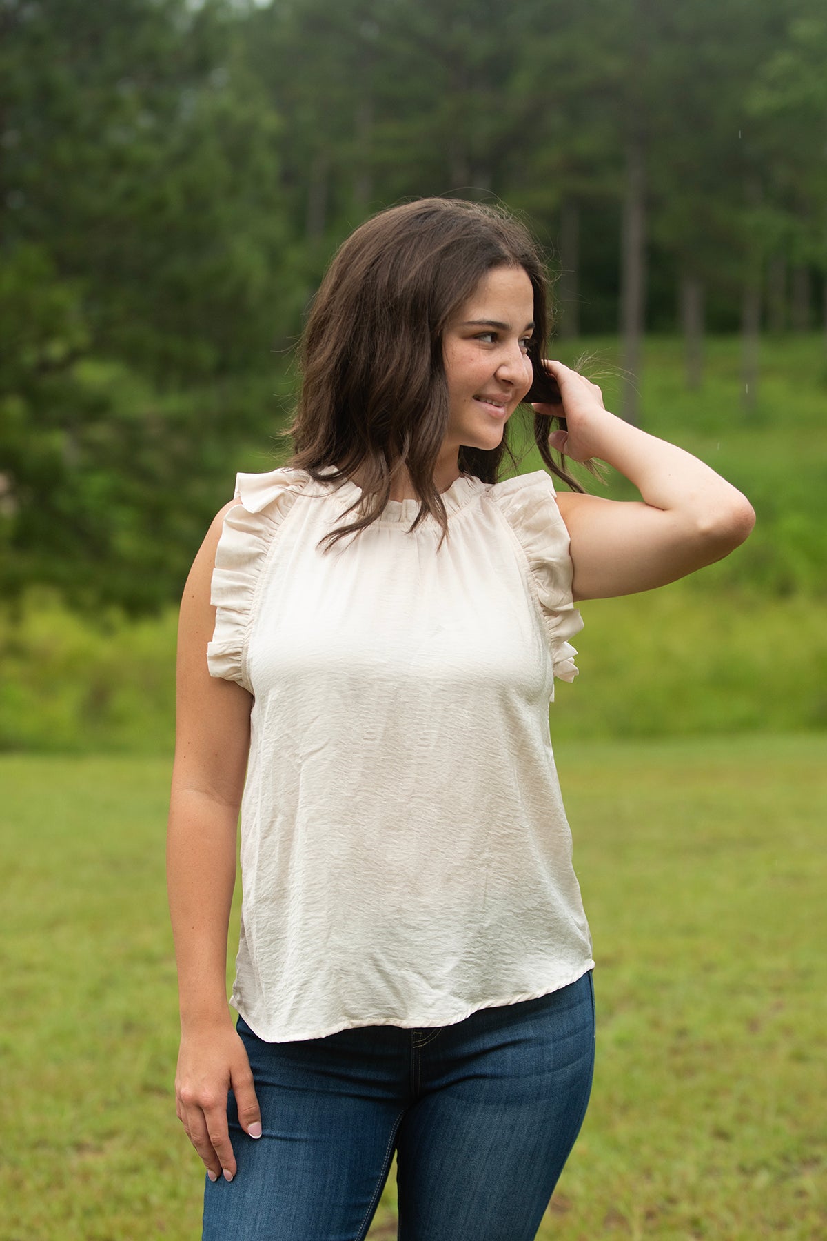 Cream Colored Ruffled Sleeveless Top