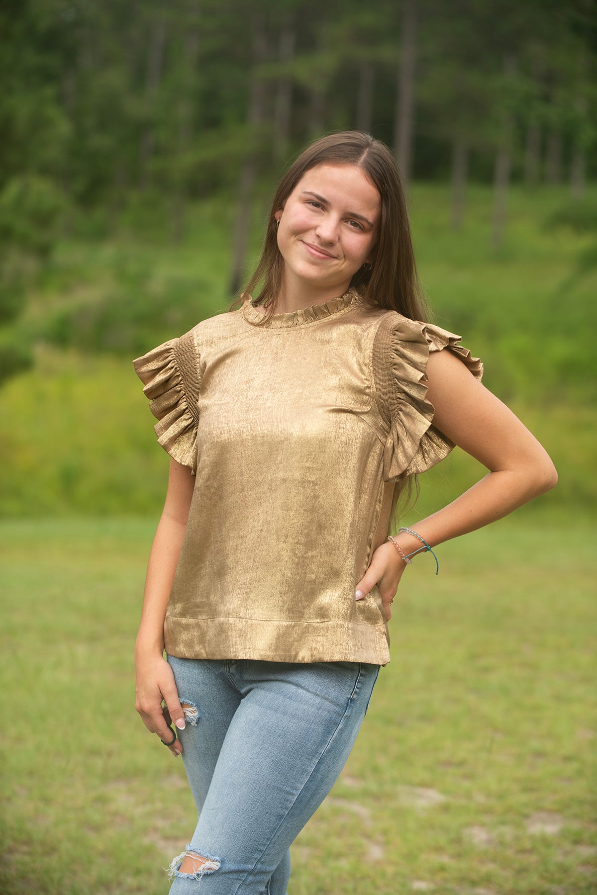 Gold Metallic Ruffle Sleeve Top