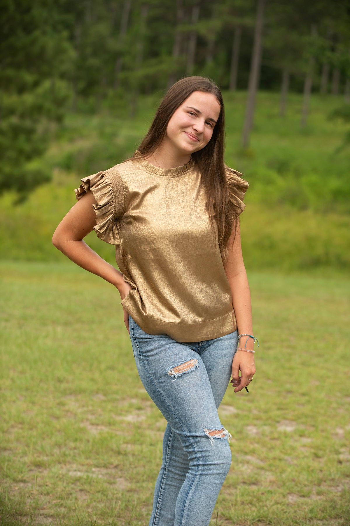 Gold Metallic Ruffle Sleeve Top