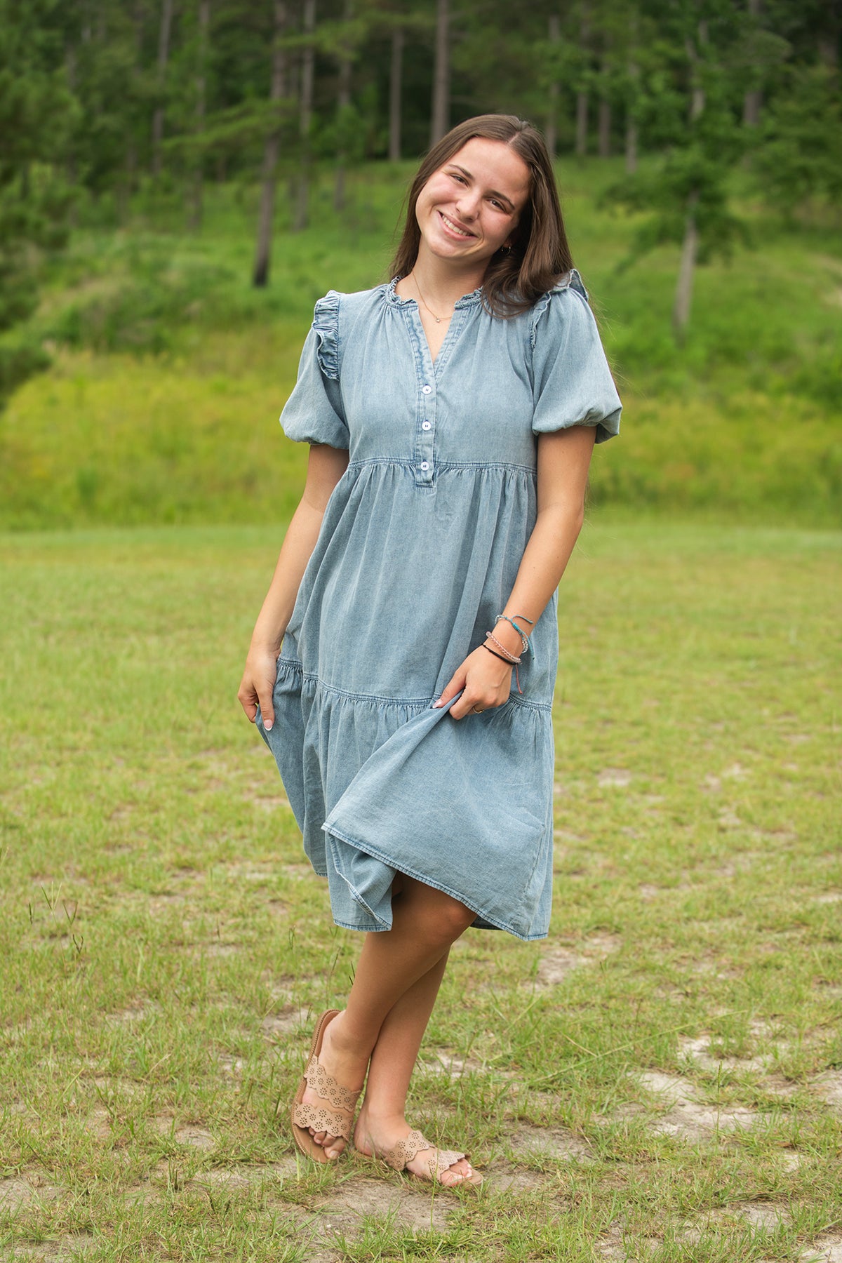 Denim Tiered Midi Dress