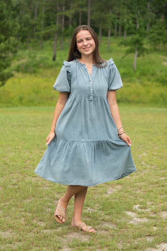 Denim Tiered Midi Dress