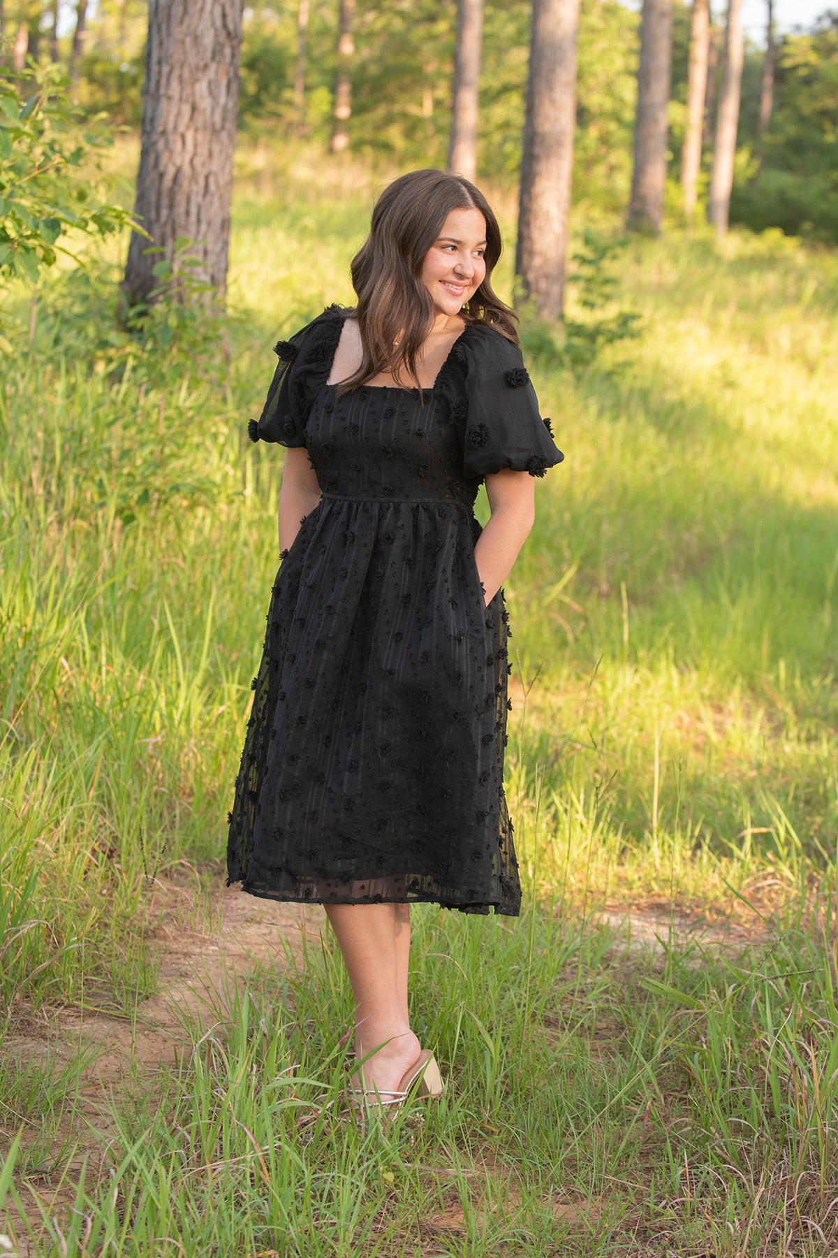 Babydoll Midi dress with fuzzy flower detail