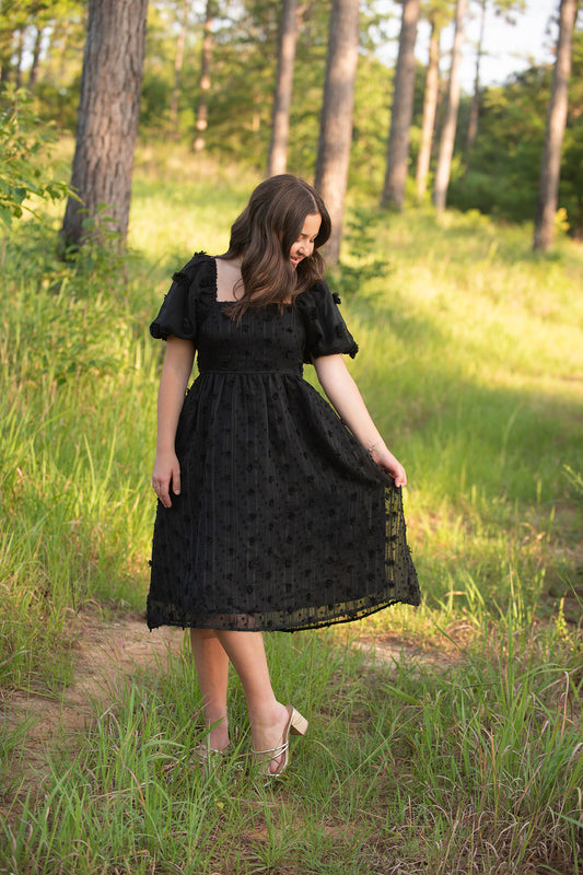 Babydoll Midi dress with fuzzy flower detail