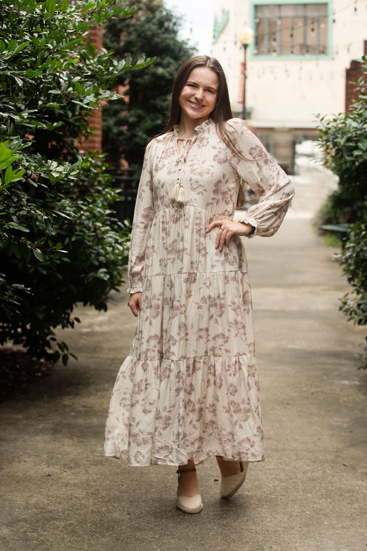 Mocha Floral Long Sleeved Maxi Dress