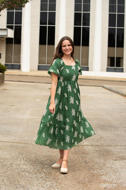 Dusty Green Embroidered Floral Dress