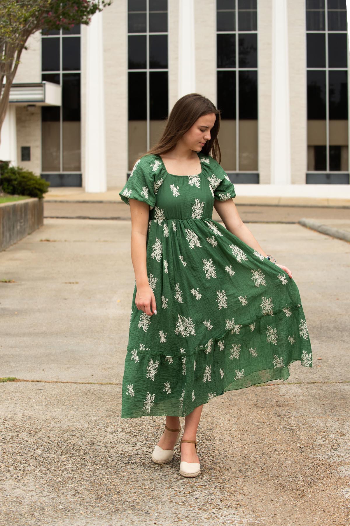 Dusty Green Embroidered Floral Dress