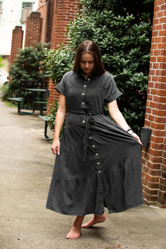 Black Denim Button Front Dress