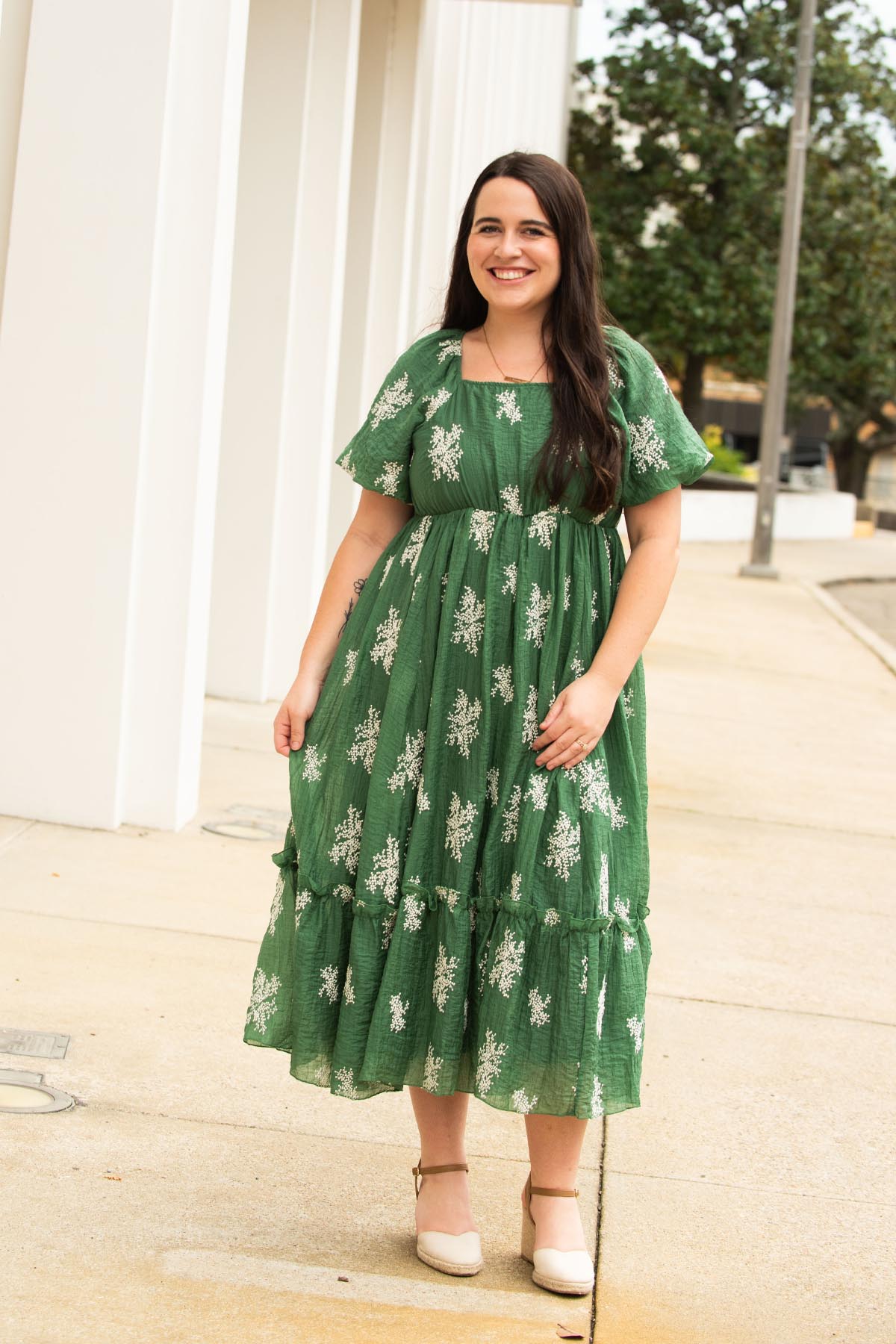 Dusty Green Embroidered Floral Dress