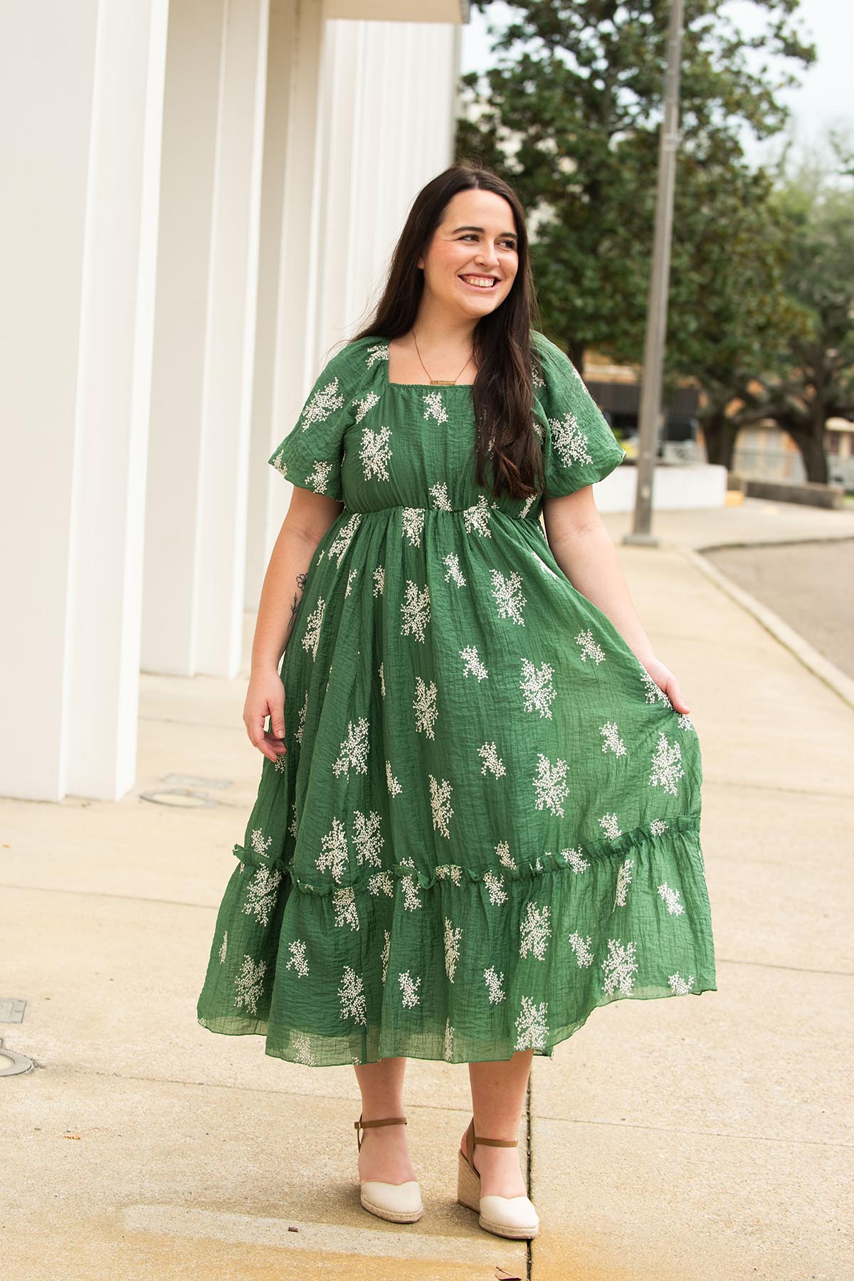 Dusty Green Embroidered Floral Dress