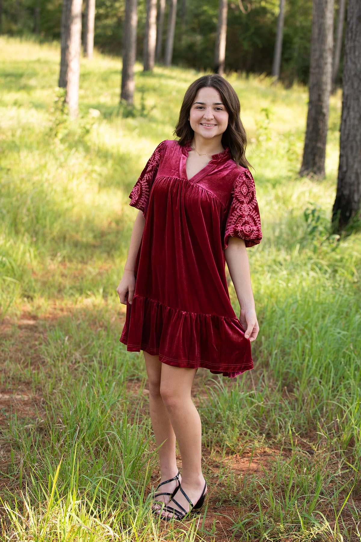 Burgundy Velvet Dress with Embroidered Sleeves