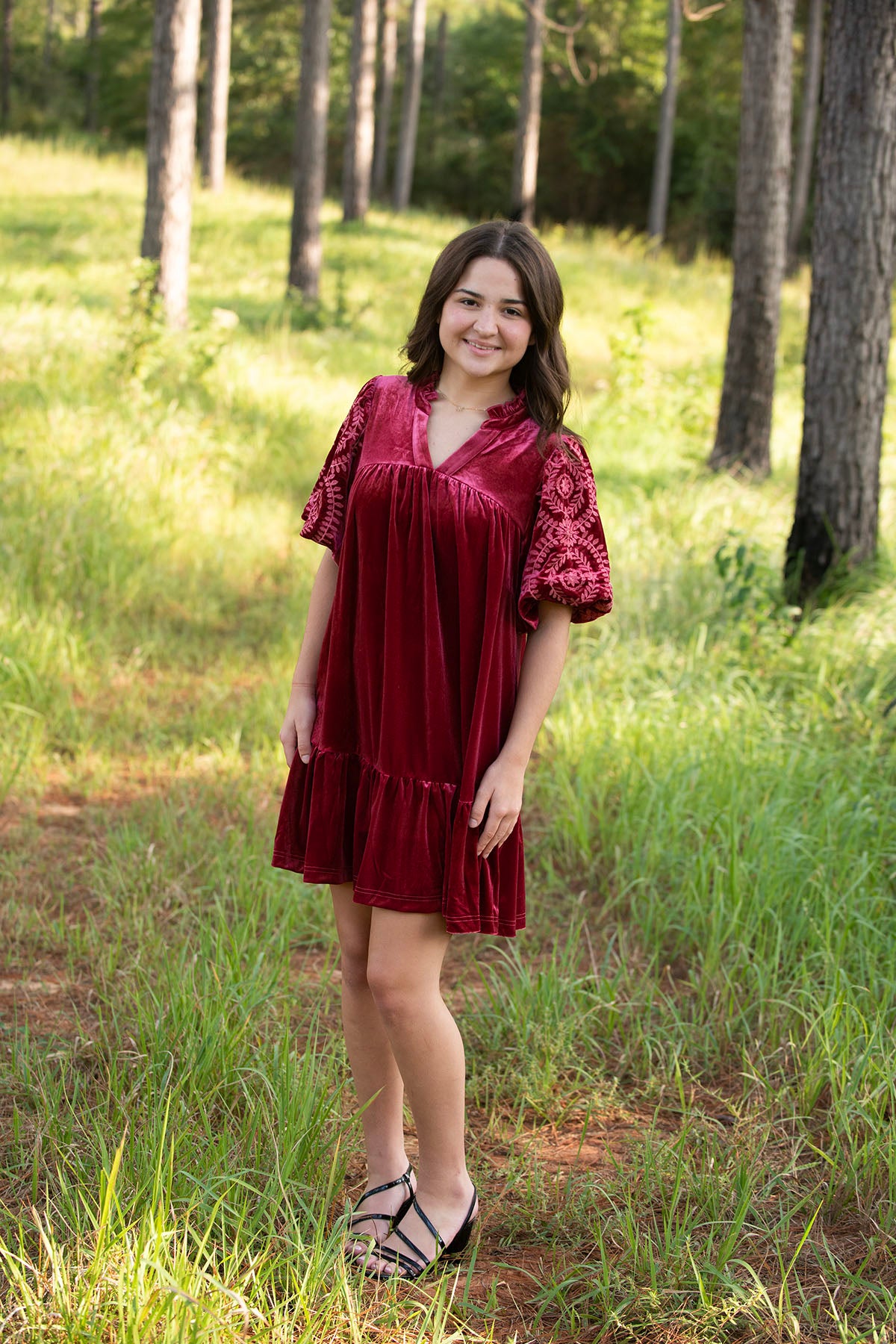 Burgundy Velvet Dress with Embroidered Sleeves