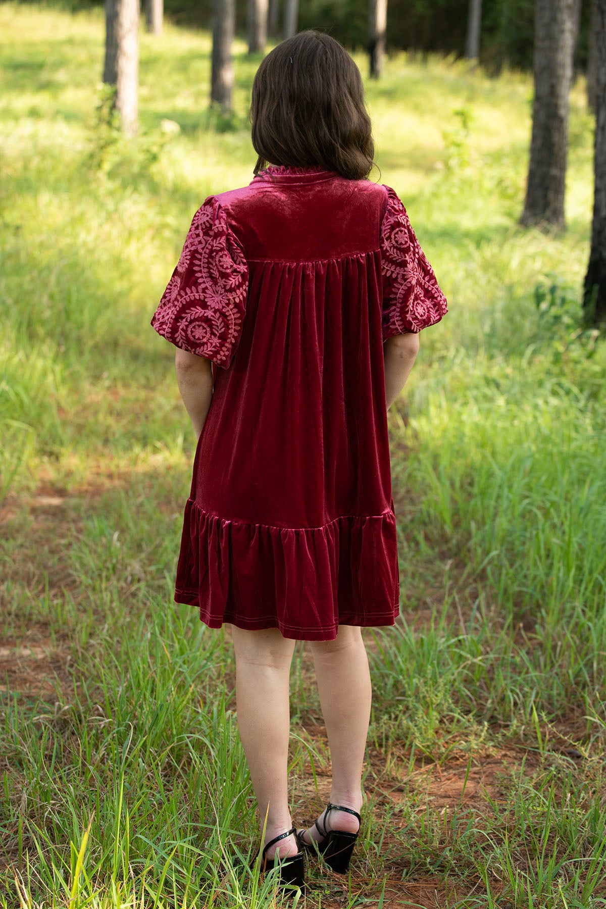 Burgundy Velvet Dress with Embroidered Sleeves