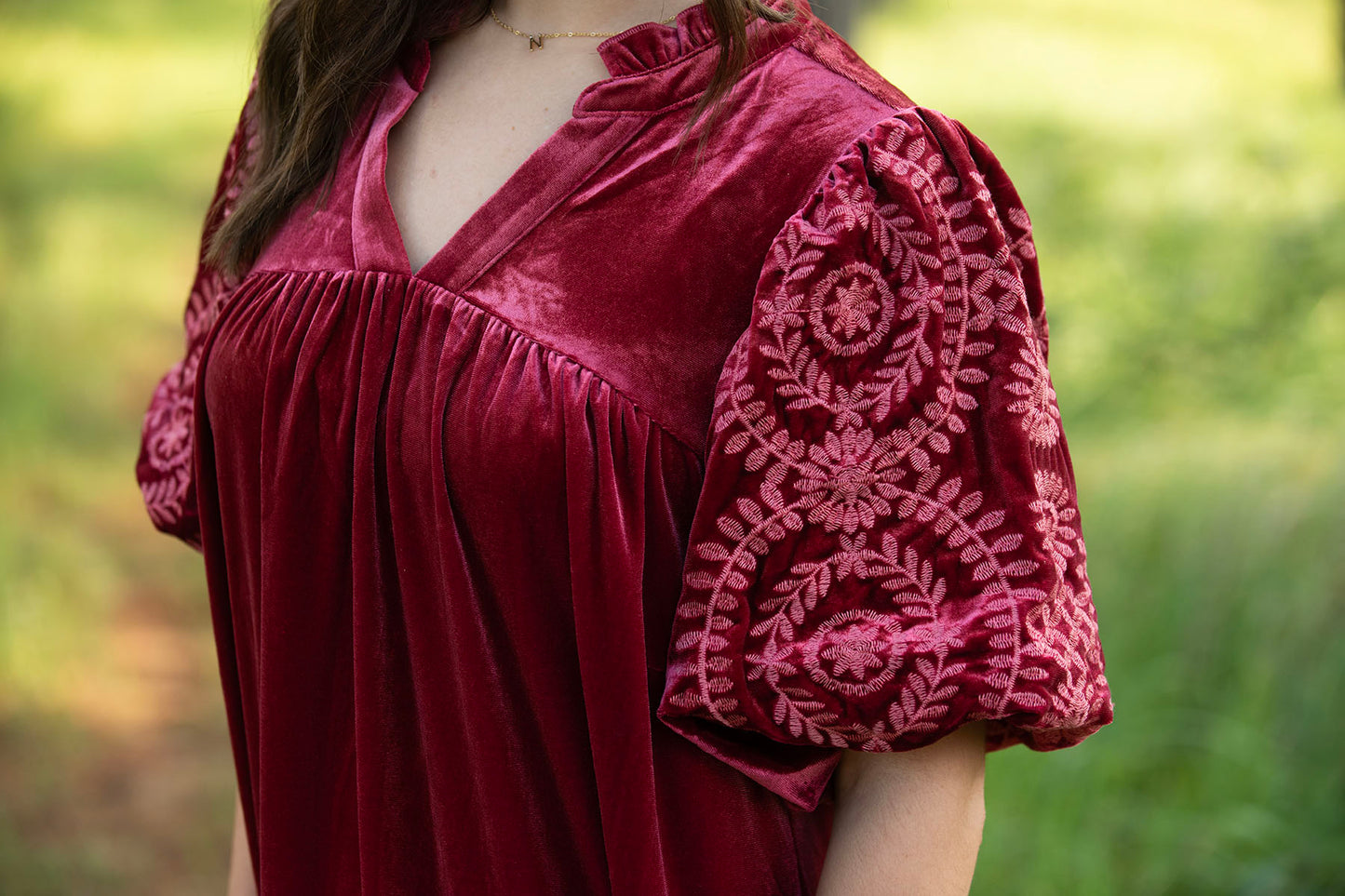 Burgundy Velvet Dress with Embroidered Sleeves